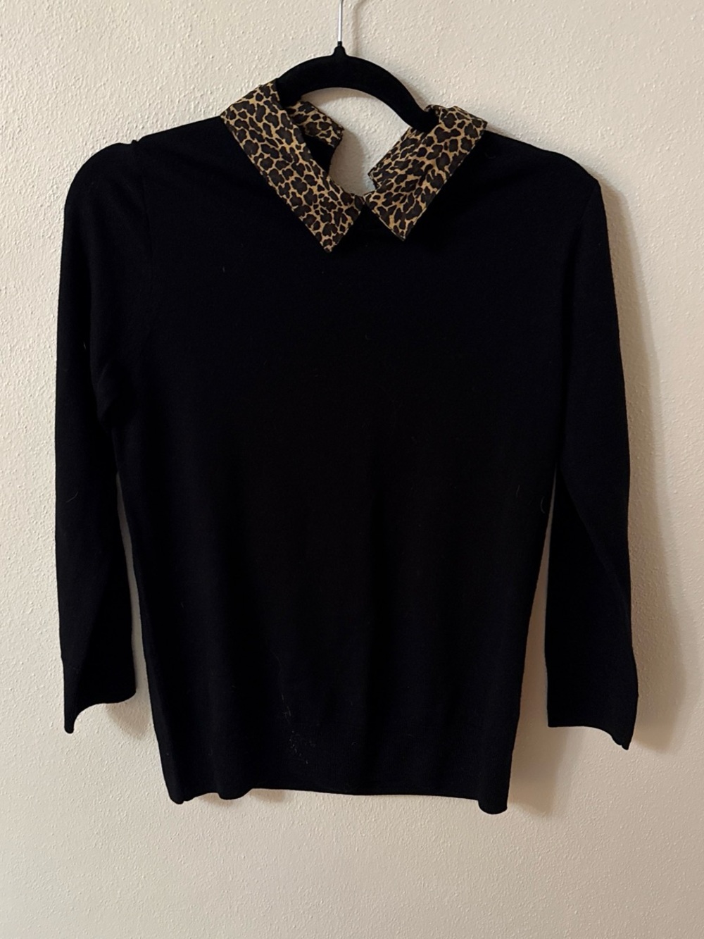 J. Crew Black Sweater with Leopard Print Collar